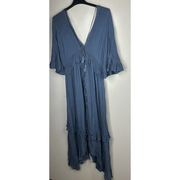 Free People Paradiso HiLo Maxi Dress Ruffle Blue Boho Folklore Oversized Medium - Picture 2 of 16